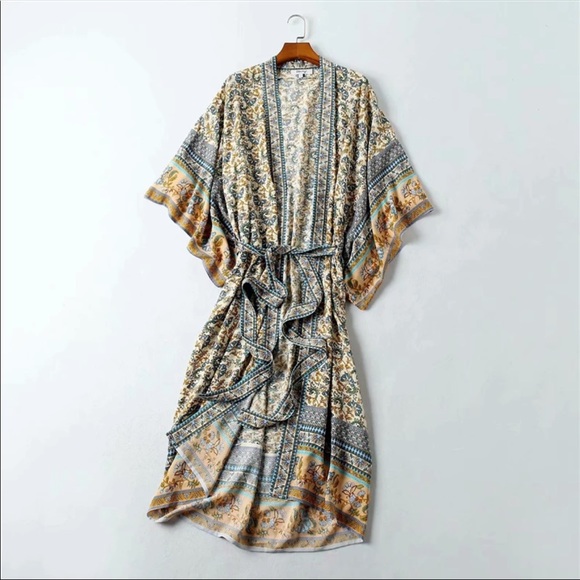 Gypsy Boho Paisley Print Maxi Duster Kimono Yellow - Picture 4 of 9
